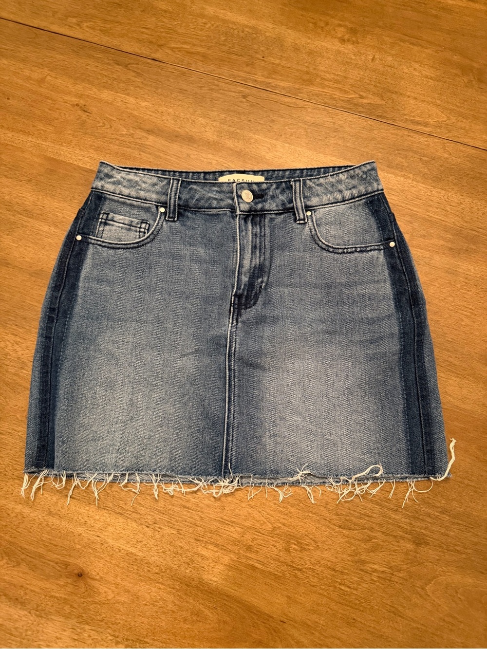PacSun Two-Tone Denim Frayed Hem Mini Skirt